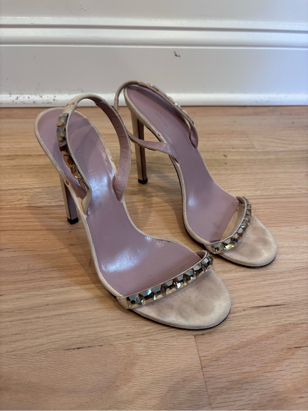 Gucci Mallory Crystal-Embellished Suede Slingback Sandals in a nude size 38